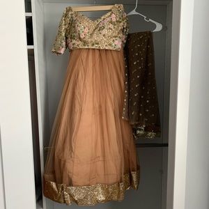 Peanut Shell Lehenga w/ Floral Off Shoulder Blouse